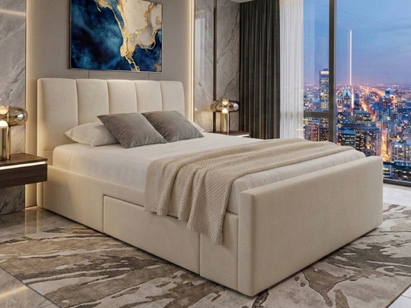 Cream velvet double bed frame with storage, showing the complete Isabel bed design with a deep padded headboard.